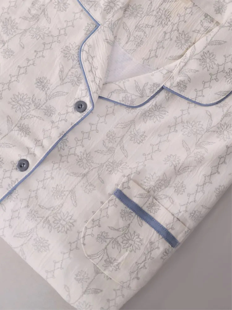 Elegant Elfenben Pyjamas Sæt med Blomstermønster