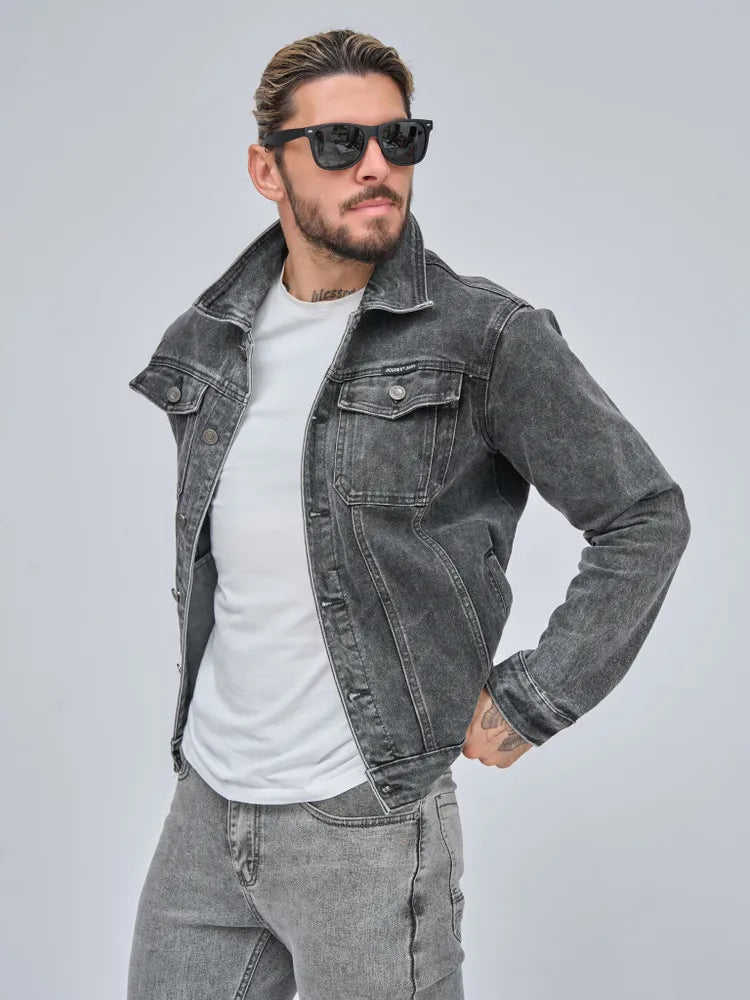Klassisk Grå Denim Jakke i Vintage Stil