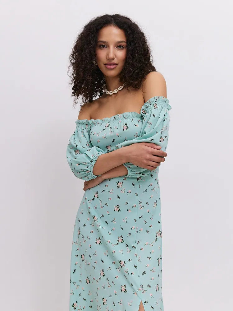 Blomstret Off-Shoulder Midikjole