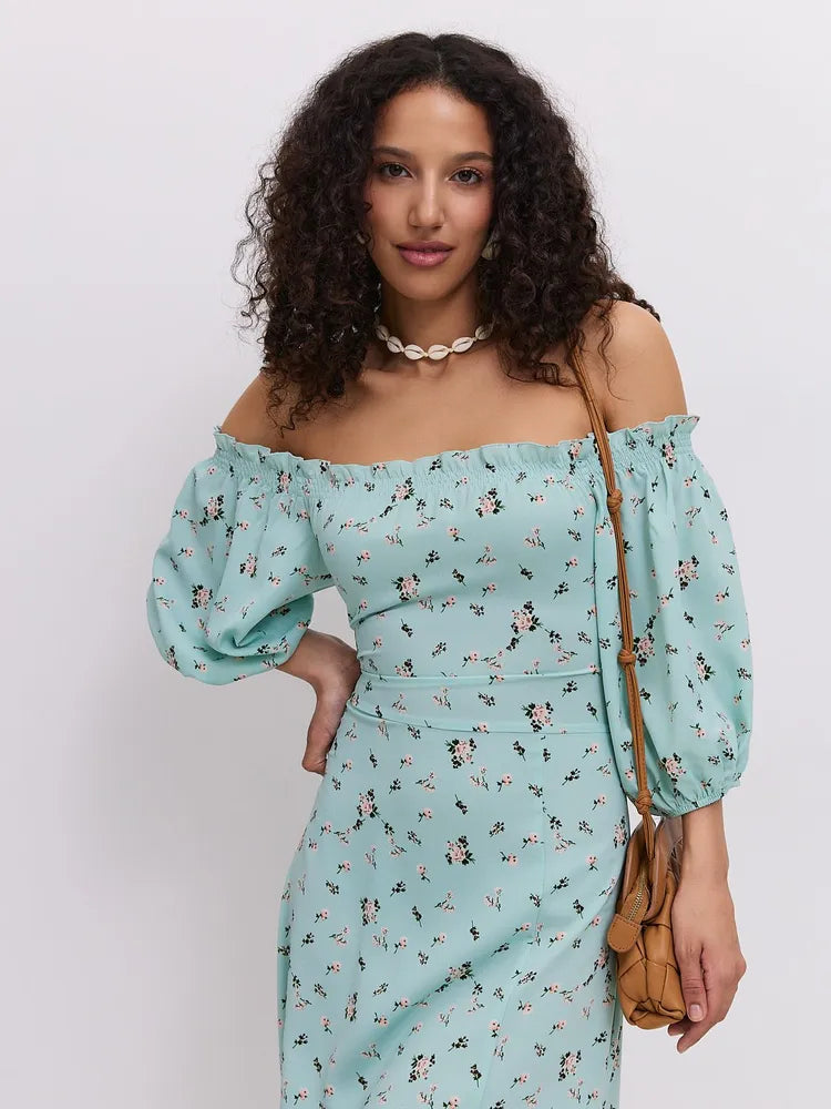 Blomstret Off-Shoulder Midikjole