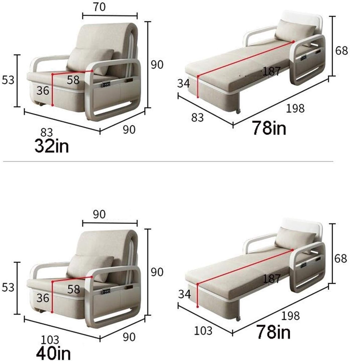 Multifunktionelt Konvertibelt Sovesofa-Stol - 3-i-1 Justerbar Sofa Seng (80cm)